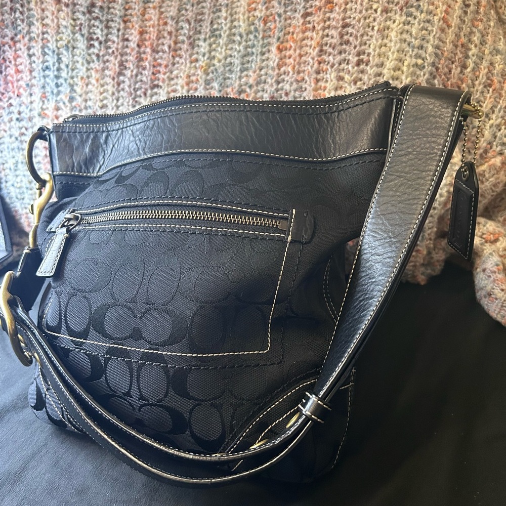 Coach Black Signature Canvas Shoulder Bag with Leather Trim